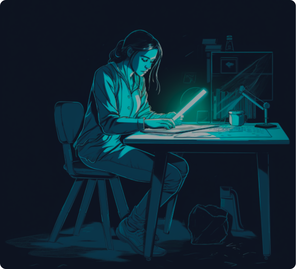 A girl is writing in beside her desk with a flashlight