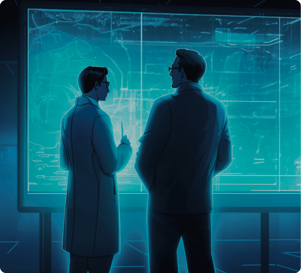 Two men in science clothing standing and discussing a problem on digital whiteboard